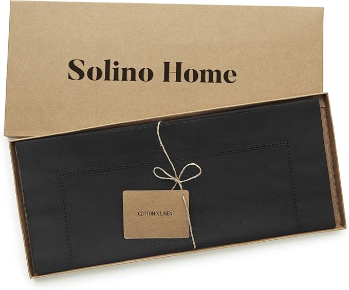 Solino Home Black Hemstitch Table Runner 60 Inches - Cotton Linen Small Table Runner 14 x 60 Inch Ideal for Dresser and Coffee Tables - Winter, Spring, Easter