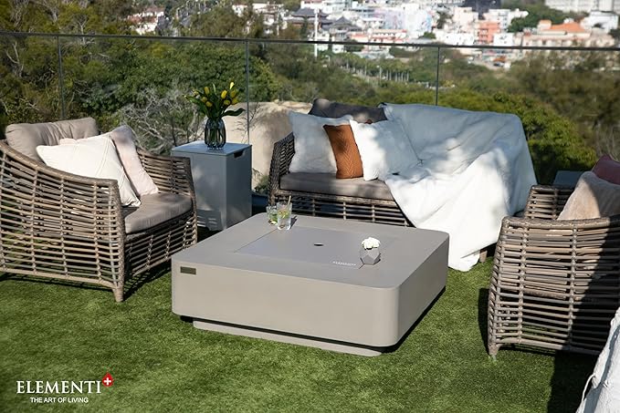 Elementi+ | Lucerne Gas Fire Pit Cast Concrete 42" Square Fire Table, Outdoor Fire Pit Electronic Ignition | Canvas Cover, Fire Glass and Burner Lid Included | Light Gray | Propane Gas