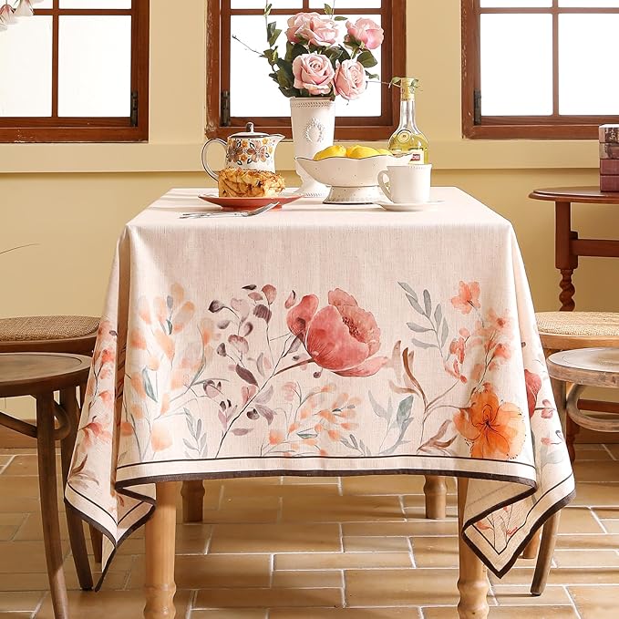 Linen Rectangle Tablecloth,French Vintage Pink Floral Pattern Wrinkle Free Table Cloth,Decorative Table Cover for Kitchen,Dining,Tea Party,Thanksgiving,Christmas,55"*87"-Sloosa