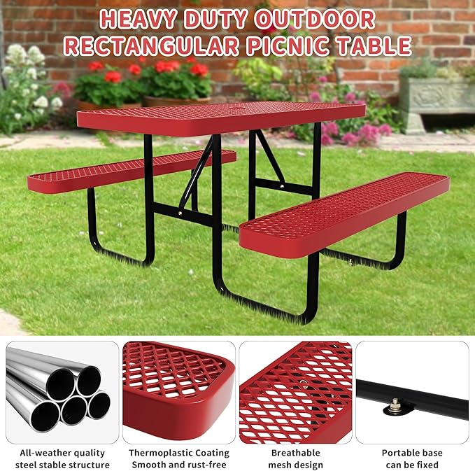 48'' Rectangular Metal Picnic Table for Outdoors,Heavy-Duty Portable Commercial Picnic Tables Bench Set with Umbrella Hole,School Canteen Table W/Seats - Patio Dining Furniture for Patio Garden