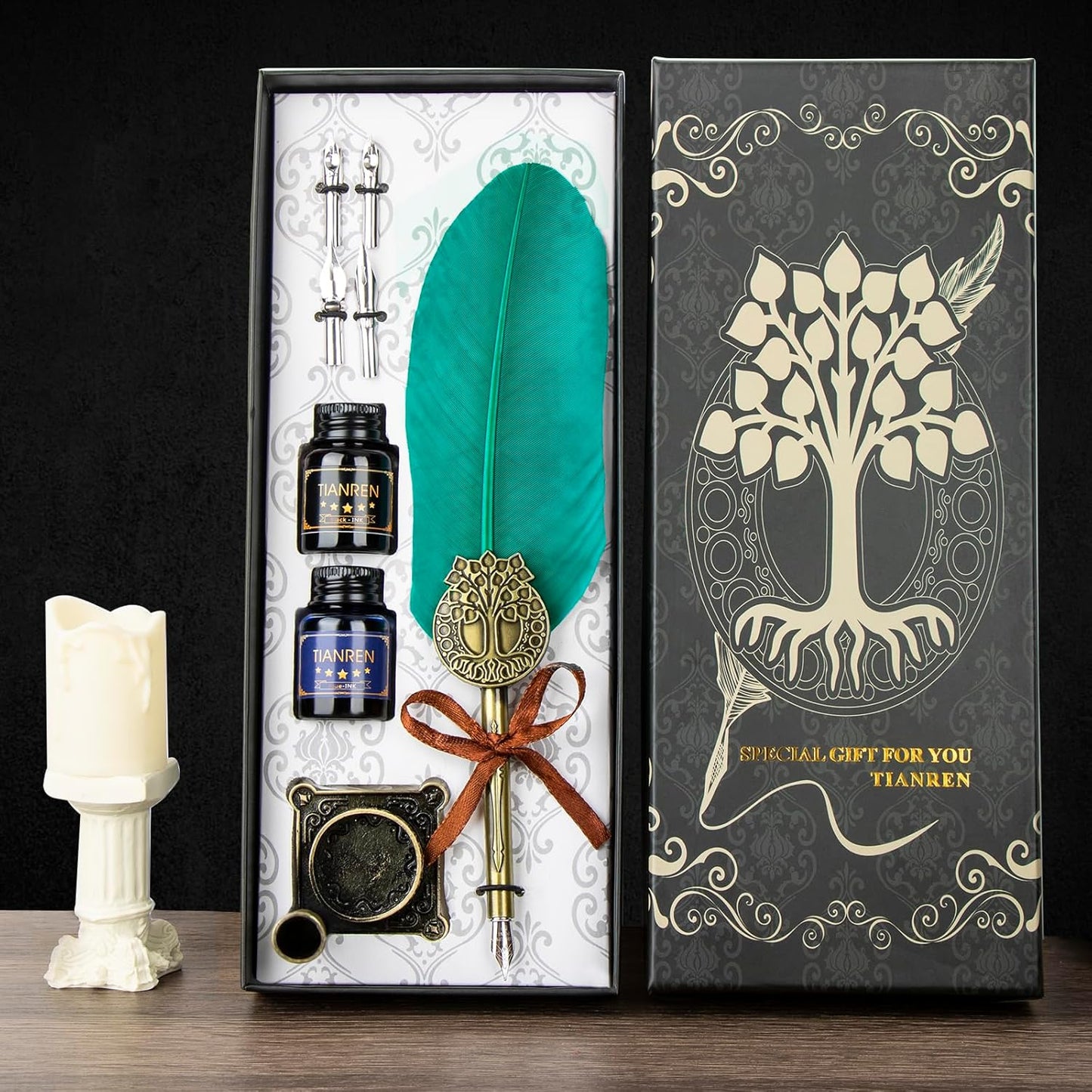 Quill pen ink set,Feather Pen and Ink Set,Antique Calligraphy Pen with 4 Replaceable Nibs,2 Bottle of ink,Feather Dip Pen Holder Christmas Gift for Men&Women.(Green)