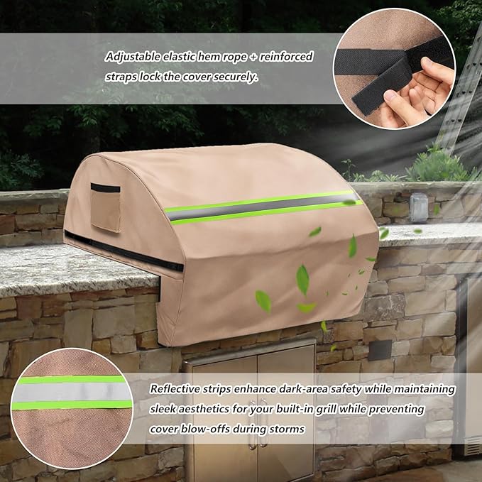 Built in Grill Cover for Blaze Premium LTE 32-Inch - Heavy Duty 600D Waterproof with Reflective Strips and Plush Lining, Universal 4-Burner Gas Grill Protector,Khaki