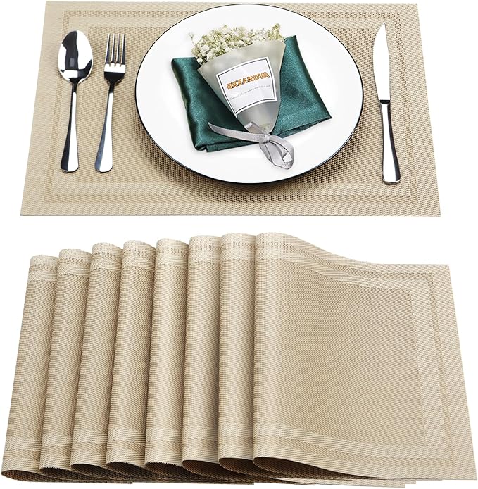 Placemats Set of 8,Washable,Heat and Stain Resistant Indoor/Outdoor Place mats,Vinyl Woven Non Slip Table Mats for Restaurant Table Protection,PVC Placemats(Beige,8PCS)