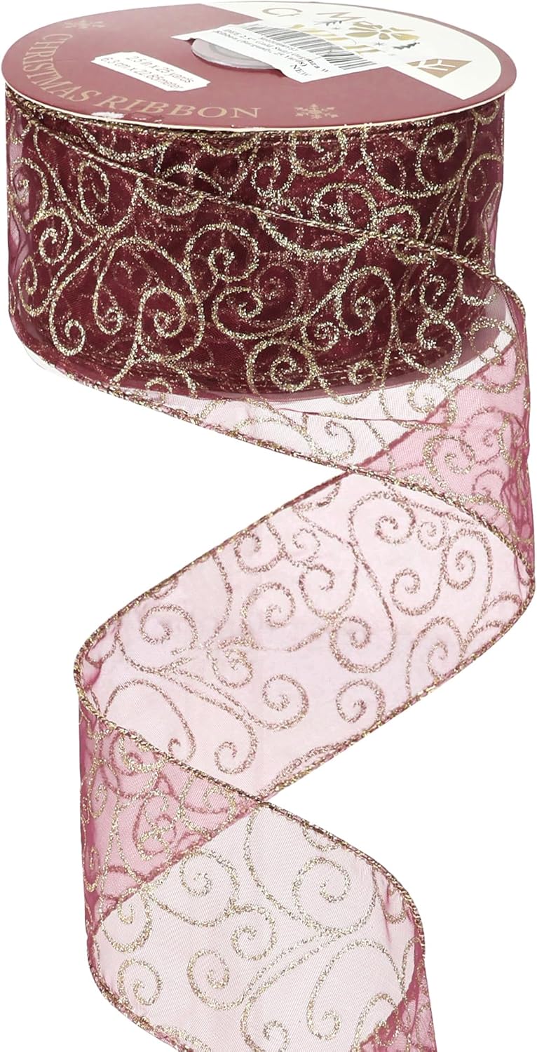 MEEDEE Red Gold Swirl Wired Ribbon 2.5 Inch Dark Red Sheer Ribbon with Gold Swirl Glitter Wired Ribbon Organza Sheer Ribbon 25 Yards Burgundy Sheer Christmas Ribbon for Christmas Tree, Wreath Bow