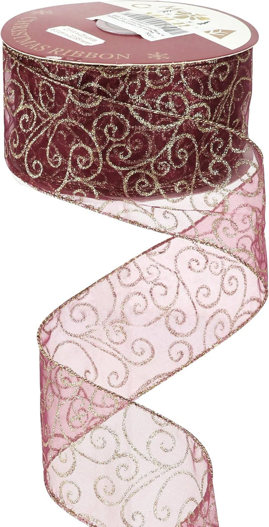 MEEDEE Red Gold Swirl Wired Ribbon 2.5 Inch Dark Red Sheer Ribbon with Gold Swirl Glitter Wired Ribbon Organza Sheer Ribbon 25 Yards Burgundy Sheer Christmas Ribbon for Christmas Tree, Wreath Bow