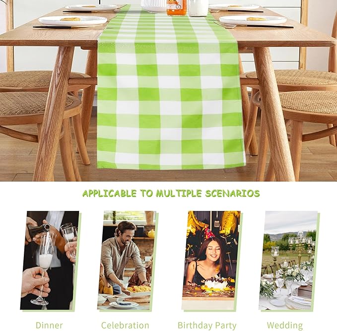 Fabric Checkered Table Runner 6 Pack Waterproof Gingham Table Runner 14W x 108L Buffalo Check Table Runners for Parties Kitchen Dining Wedding Banquet (Emerald and White)
