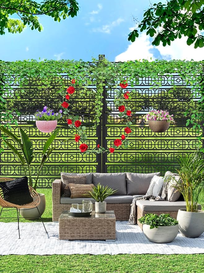 6FT Metal Privacy Screen for Outdoor, Kalolary Privacy Fence Screen Freestanding Steel Privacy Fence Panels with Stand Decorative No-dig Space Divider Fence for Patio Balcony Backyard Indoor