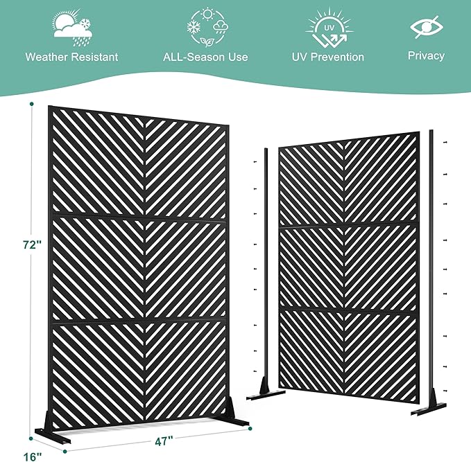 Metal Privacy Screen for Outdoor & Indoor Use, Free Standing Privacy Screen for Patio Garden Pool, 72" H x 47" W Decoative Privacy Panels, Weather Resistant, Easy Assembly (Black Parallel Line)