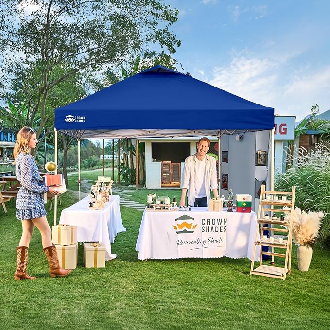 CROWN SHADES Canopy Tent, 10 x 10 Foot Portable Pop Up Outdoor Shelter with Pocket Sidewall, Push Center Lock, UV Protection, and Carry Bag, Navy Blue