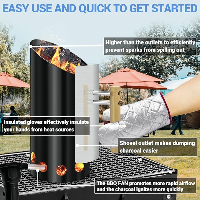 Charcoal Chimney Starter with Doubel Air Volume BBQ Fan and Insulation Gloves Set,Double Enameled Chimney Starter for Charcoal Grill with Wood Handle Insulation and Easy Grip