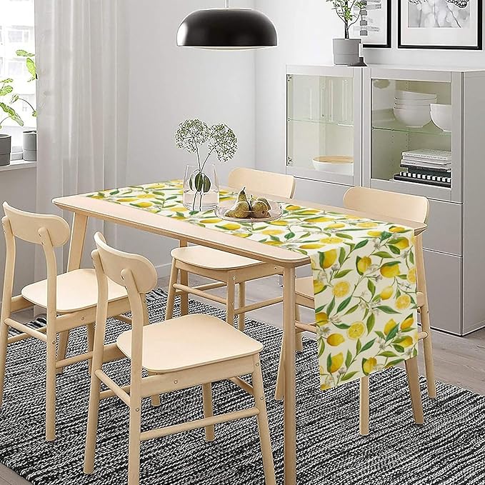 Lemon Table Runner, Summer Fruits Green Leaves Flower Plant Table Runner for Farmhouse Coffee Home Kitchen Dining Party Outdoor 13x36in