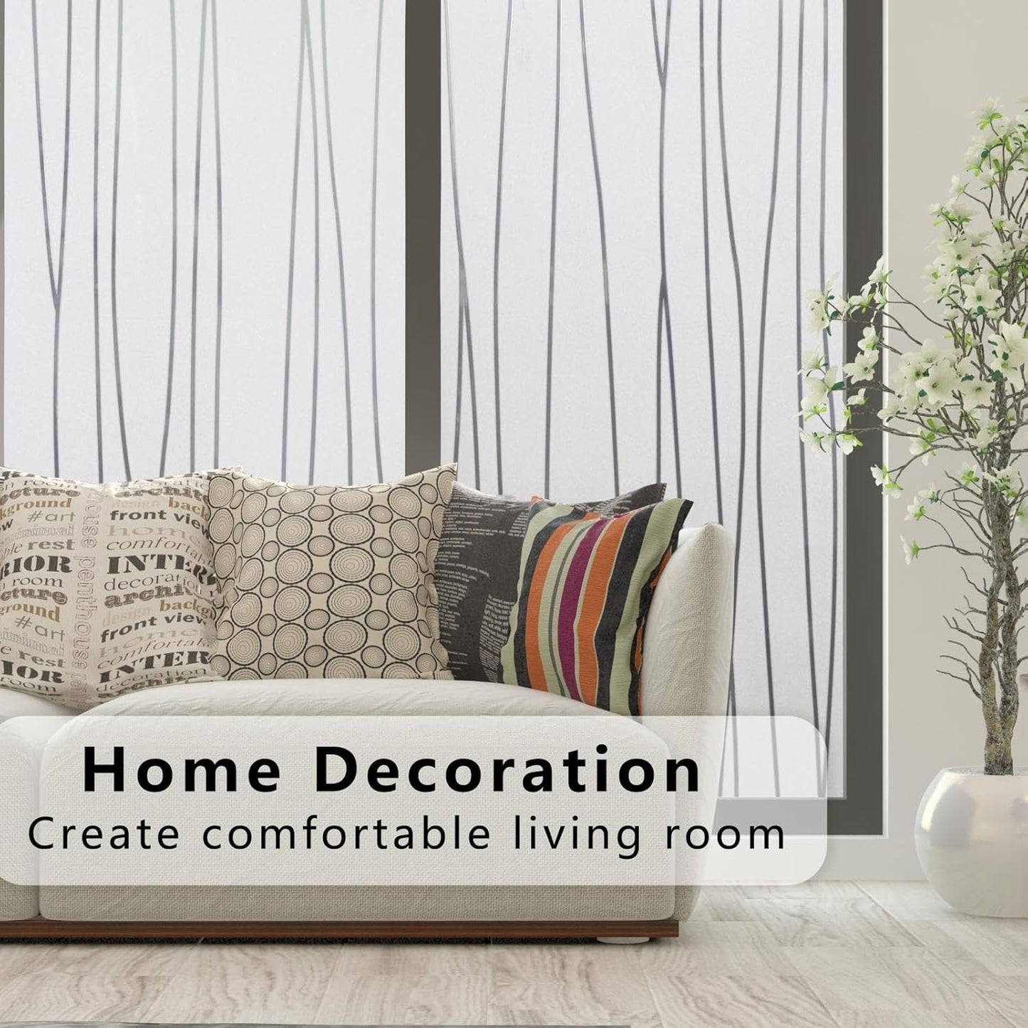 Finnez Window Privacy Film Decorative Frosted Window Cling Privacy Film for Glass, Non-Adhesive Heat Anti-UV for Home Office Living Room, Irregular Stripe Patterns, 35.4 x 157.4 Inches