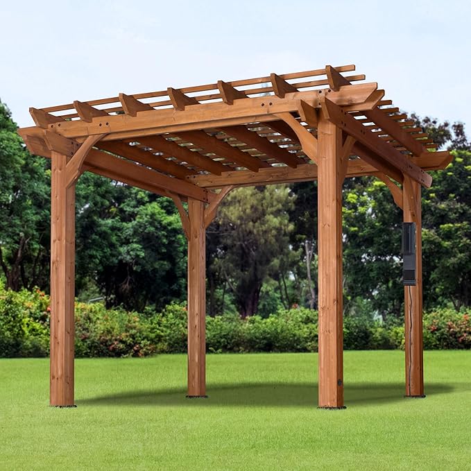 Backyard Discovery Beaumont 10' x 10' Traditional Cedar Wood Pergola Kit with Trellis Roof, All-Season Durability, High-Wind Rating, PowerPort, Shade for Outdoor Patio, Deck, Garden, and Entertaining