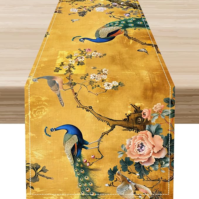 Peacock Table Runner,Golden Vintage Asian Chinese Style Peony Floral Branch Table Center Decor for Family Kitchen and Living Room Outdoor Farmhouse Party Table Decorations, 13"x36"