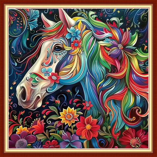 Magxvouy Cross Stitch Kits Stamped Full Range of Embroidery Kits,Cross Stitch Patterns Needlework Kits for Beginners 11CT Printed Kits&Steed Flowers 18x18 inch