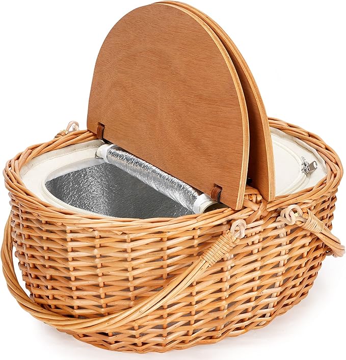 Wicker Picnic Basket with Cooler, Wooden Split Lid Picnic Basket, Vintage-Style Wicker Picnic Hamper with Folding Woven Handle for Picnic, Camping, Outdoor, Valentine Day, Thanks Giving, Birthday