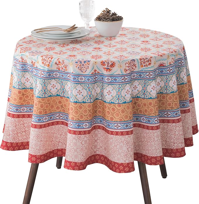Maison d' Hermine Table Cloth Round Table 100% Cotton 63 Inches Fall Tablecloth Reusable Everyday Use for Thanksgiving Christmas Decorations Dining Farmhouse Party (Romane)