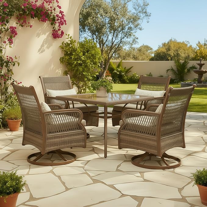 PURPLE LEAF Outdoor Dining Set for 4 All Weather Wicker Patio Dining Set with Hand-Woven Rattan Swivel Dining Chais and Rectangular Aluminum Table for Balcony Porch Small Patio