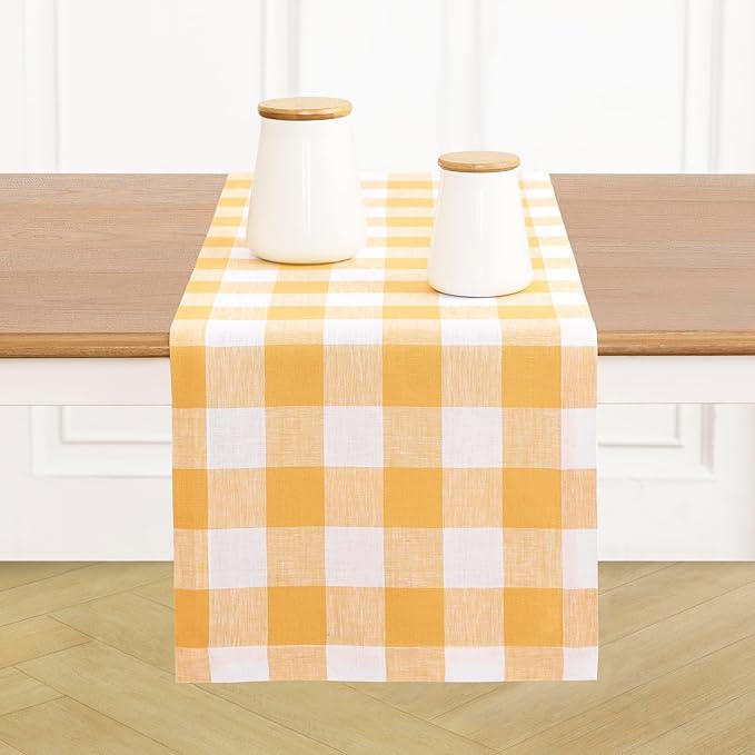 Solino Home Linen Checkered Table Runner 144 Inches Long - 100% Pure Linen Mustard and White Buffalo Check Extra Long Table Runner 14 x 144 Inch Ideal for Dining, Spring, Easter