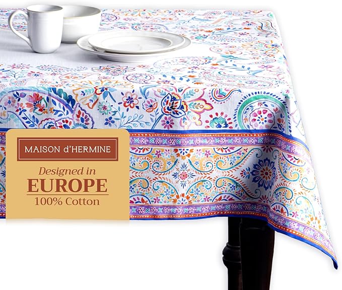 Maison d' Hermine Table Cloth Square Table 100% Cotton 60 x 60 Inches Tablecloth Reusable Decorative for Dining Room, Farmhouse, Home, Party, Festive & Wedding Spring Summer - Indian Floral