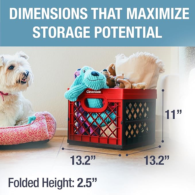 CleverMade Collapsible Milk Crate, Red, 1PK - 25L (6 Gal) Stackable Storage Bins, Holds 50lbs Per Bin - Clevercrates are Heavy Duty, Plastic Collapsible Storage Crate for Multi Purposes