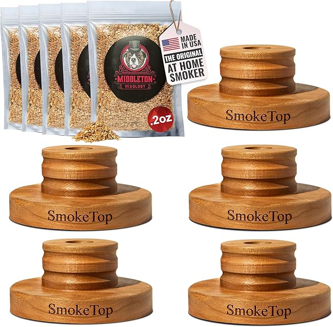 SmokeTop Cocktail Smoker Kit 5 Pack - Old Fashioned Chimney Drink Smoker for Cocktails, Whiskey, & Bourbon With 2oz Sample Wood Chips - by Middleton Mixology