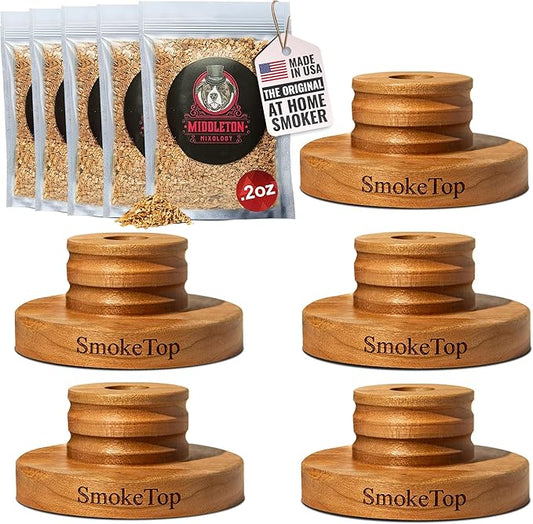 SmokeTop Cocktail Smoker Kit 5 Pack - Old Fashioned Chimney Drink Smoker for Cocktails, Whiskey, & Bourbon With 2oz Sample Wood Chips - by Middleton Mixology