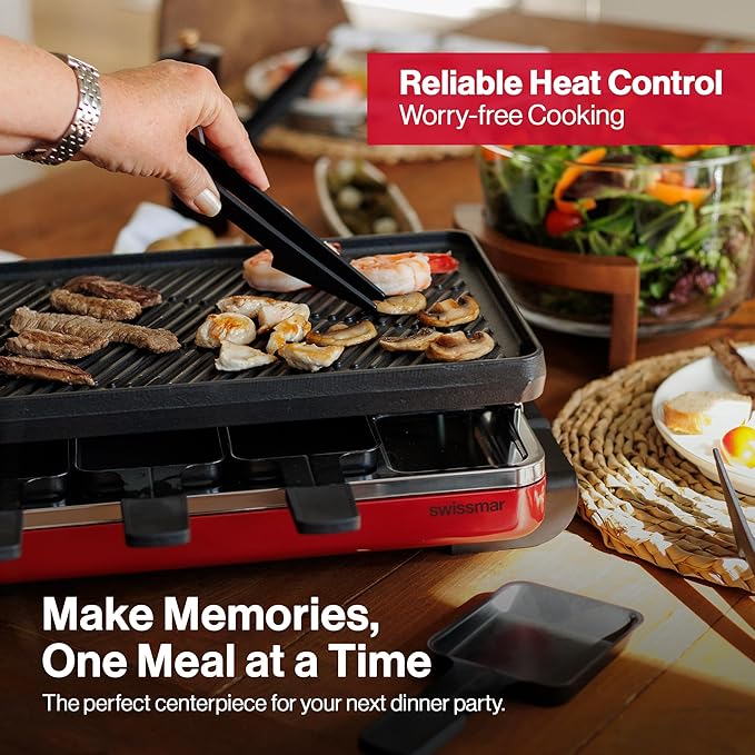 Swissmar Classic 8-Person Raclette Party Grill with Reversible Cast Iron Grill Plate/Crepe Top, Indoor Electric Raclette Grill & Griller - Red