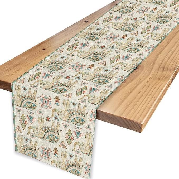 Boho Elephant Table Runner, Rustic African Tribal Indian Diwali Aztec Bohemian Green Geometric Coffee Table Center Decor for Home Kitchen Dining Holiday Party Outdoor Table Decorations, 13"x90"