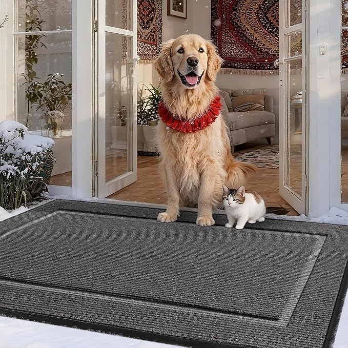Large Front Door Mat Outside Entrance Indoor Doormat, 47" x 30" Outdoor Mats for Patio Waterproof, Outdoor Door Mats for Outside Entry, Indoor Rugs for Entryway, Sturdy Natural Rubber Entry Mat, Grey