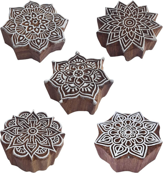 Royal Kraft Mandala Wooden Printing Stamps (Set of 5) - DIY Henna Fabric Textile Paper Clay Pottery Blocks Htag2209