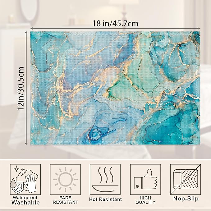 Marble Placemats Set of 6,Blue Teal Turquoise Gold Table Mats Non-Slip Heat Resistant Washable Placemat for Party Kitchen Dining Table Decoration Indoor Outdoor