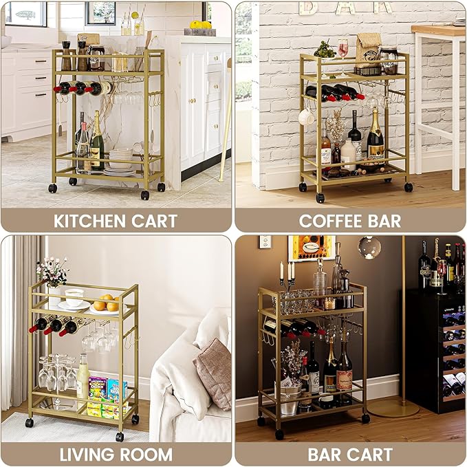Bar Cart, Serving Cart for Home, Microwave Cart, Drink Cart, Wine Cart with 2 Mirrored Shelves, Wine Holders, Glass Holders, for Kitchen, Dining Room(Gold)