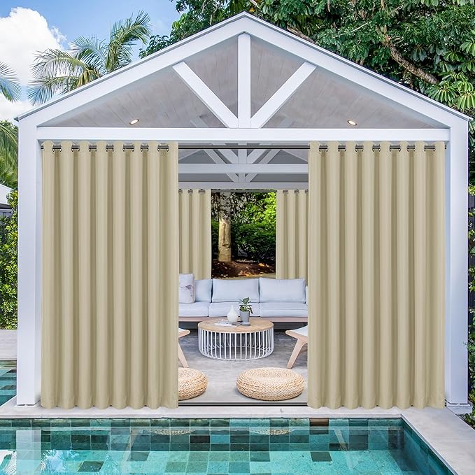 HolidayIdeas Outdoor Curtains for Patio Waterproof 4 Panels 110x120 Inch-Windproof Weatherproof Privacy Wide Cream Curtains-Grommet Top and Tab Bottom Drape for Pergola, Porch, Gazebo, Backyard