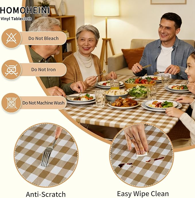 Rectangle Picnic Table Cloth, Elastic Waterproof Fitted Vinyl Tablecloths for 6 Foot Tables, Wipeable Flannel Backed Table Covers for Dining, Camping, Outdoor(Khaki Plaid,36"x72")