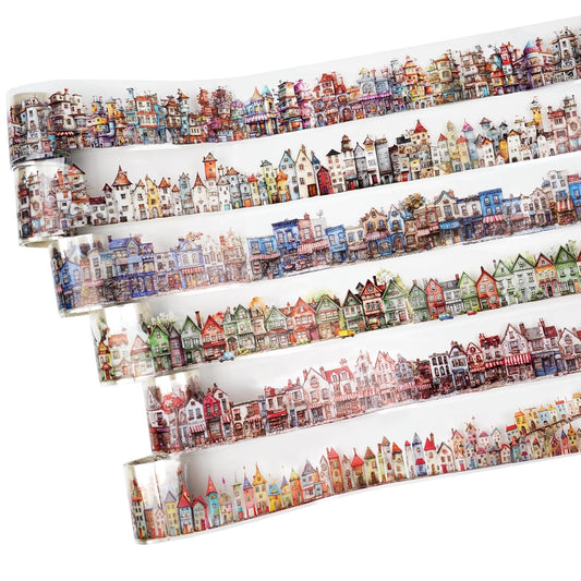 Weird House PET Tape Set with Clip, 6 Rolls of Vintage Town Stickers for Scrapbooking, Journaling, DIY Crafts, and Planners