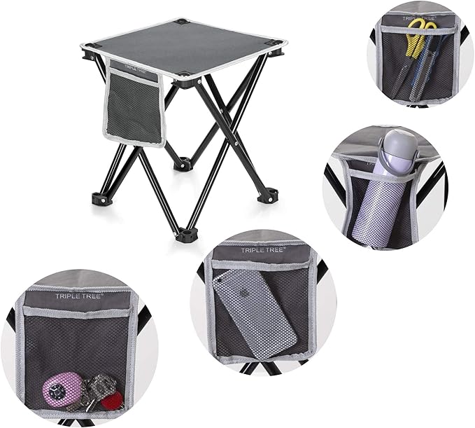 Triple Tree 2 Pack Folding Camping Stool, 13.8 Inch Small Portable Lightweight Stool with Side Pocket, Foot Stool with Carry Bag for Hiking, Fishing and Beach, Hold up to 400lbs, Grey