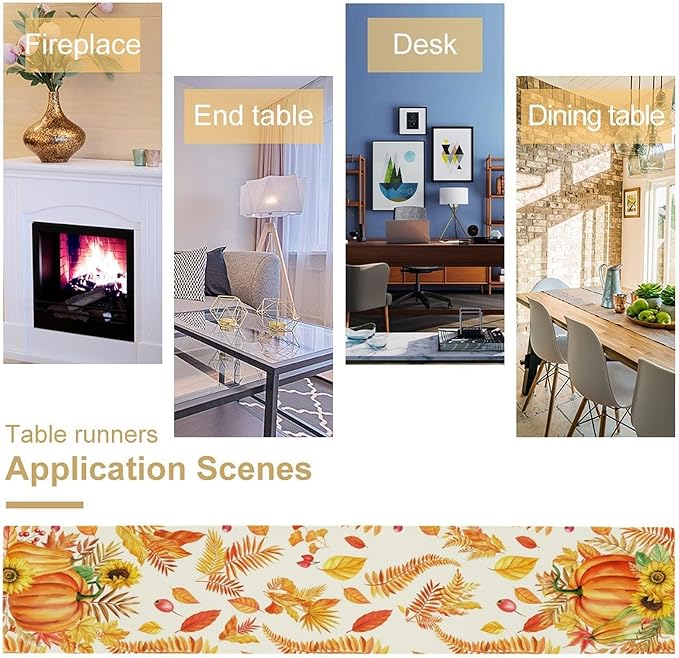 Fall Pumpkin Table Runner, Rustic Autumn Harvest Thanksgiving Sunflower Leaves Table Runner for Kitchen Dining Table Decoration Party Holiday, 13x60inch