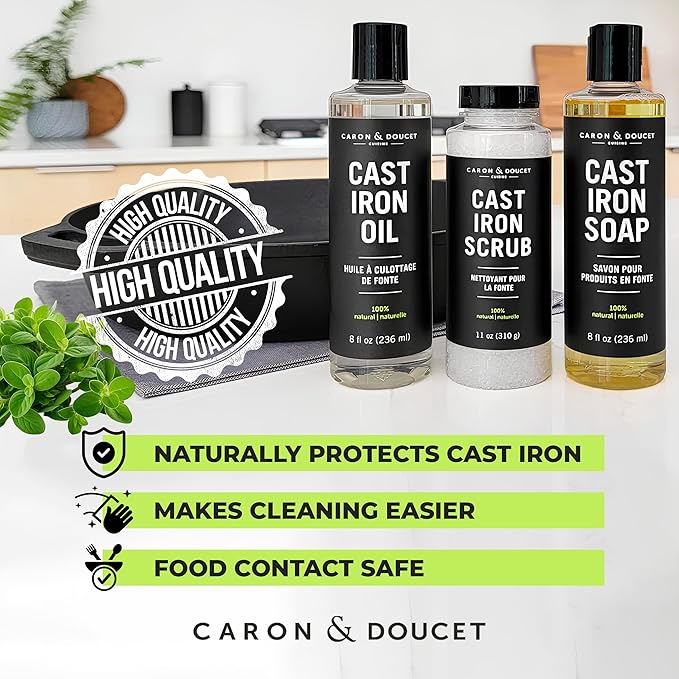 CARON & DOUCET - Ultimate Cast Iron Set: Seasoning Oil, Cleaning Soap & Restoring Scrub | 100% Plant-Based & Best for Cleaning Care, Washing, Restoring & Seasoning Skillets, Pans & Grills!
