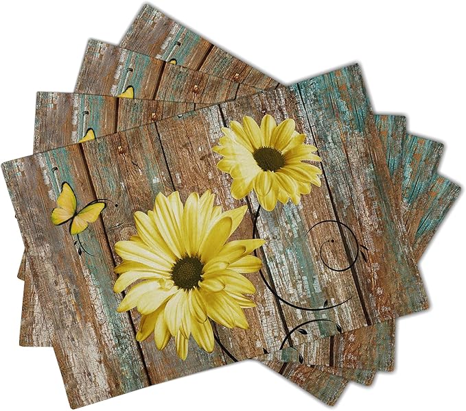 Giwawa Rustic Daisy Placemats Set of 4- Yellow Sunflowers Vintage Wood Board Linen Place Mat- Farmhouse Wooden Floral Non Slip Heat Resistant Table Mats for Kitchen Dining Cabin Lodge Decor