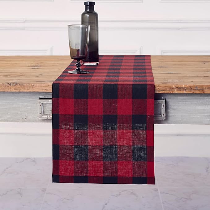 Solino Home Linen Checkered Table Runners 90 Inches Long - 100% Pure Linen Red and Black Buffalo Check Table Runner 14 x 90 Inch Ideal for Dining, Winter