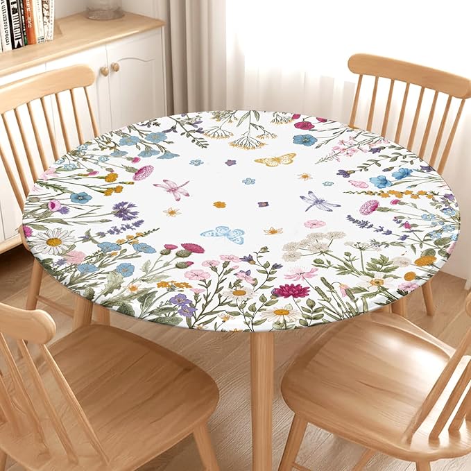 Spring Summer Floral Round Fitted Tablecloth with Elastic Wildflower Butterfly Circle Table Cloth for 36-40" Tables Wipeable Waterproof Farmhouse Easter Flowers Table Cover for Picnic Outdoor Dining
