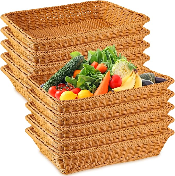 Tioncy 10 Pcs Poly Wicker Bread Basket 17.72 x 13.78 x 3.15 Woven Bread Imitation Rattan Fruit Basket Tray Stackable Rectangular Food Baskets for Serving Display Storage Kitchen Restaurant Vegetable