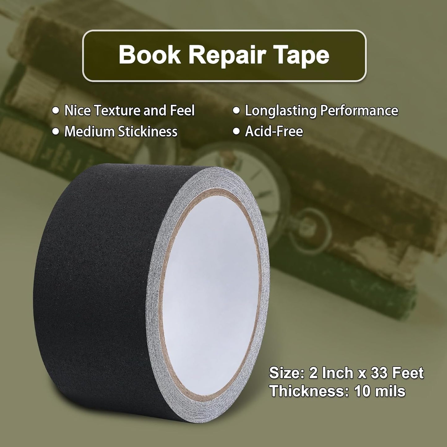 Cloth Bookbinding Repair Tape Matte Book Repair Tape 2 Inch by 33 Feet Self Adhesive Non Reflective Cloth Tape for Old Books Antique Books Daily Supplies (Black)