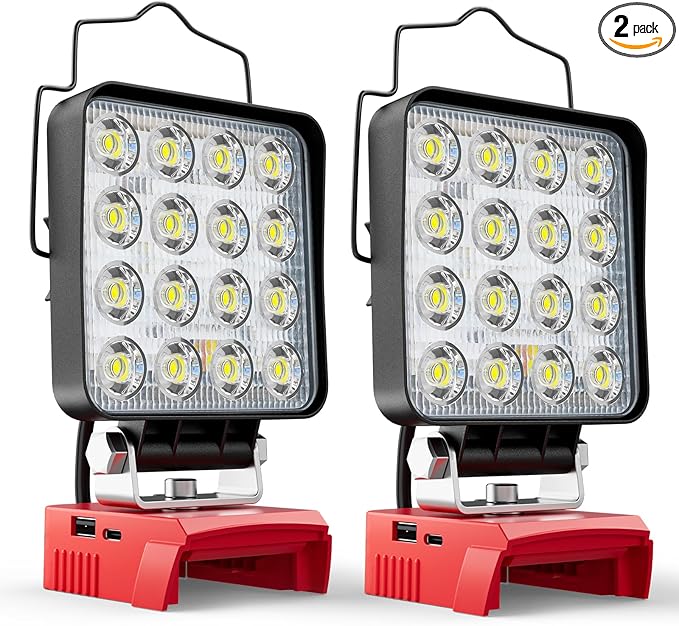 LIVOWALNY LED Work Light Compatible with Milwaukee 18V Battery, 2PCS 70W Portable Flood Light with USB Type-C Charger Port, Cordless Tools Flashlight for Construction Car Repairing Emergency, 7000 LM