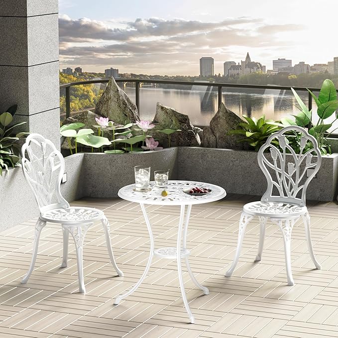 Outdoor Bistro Table and Chairs Set of 2, 3 Piece Patio Bistro Set w/Umbrella Hole, Rust-Resistant Cast Aluminum Bistro Set for Garden/Balcony/Backyard, White