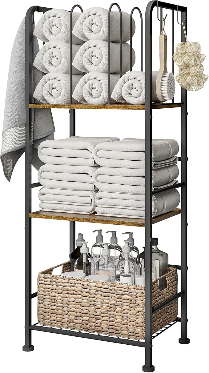 Towel Rack Free Standing 3-Tier M-Shaped Detachable Dividers, Durable Metal Towel Holder, Pool Items Holder, Space-Saving Storage Organizer, Modern Bath Towel Shelf for Bathroom Patent Pending