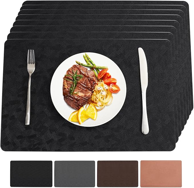 Vinyl Placemats Set of 8 Heat Resistant Easy Clean Non-Slip Place Mats for Dining Table. Faux Leather Waterproof Stain Resistant Wipeable Washable PU Table Mats(8, Black)