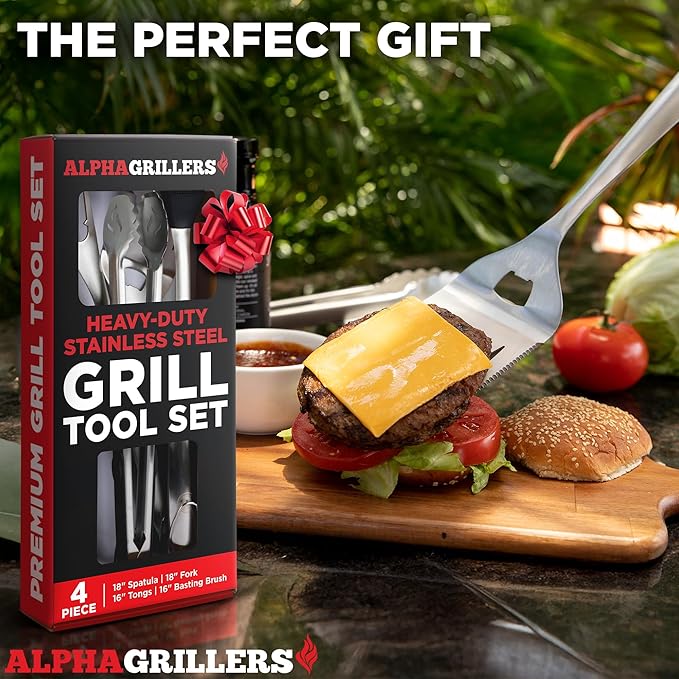 Alpha Grillers Grilling Accessories - Grilling Gifts for Men - BBQ Accessories Grill Tools Set with Spatula, Fork, Brush & Tongs - Outdoor Barbecue Utensils Gifts for Men Dad Him Boyfriend