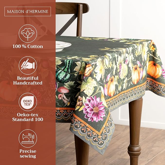 Maison d' Hermine Table Cloth Rectangle Table 100% Cotton 60 x 120 Inches Fall Tablecloth Reusable Everyday Use for Thanksgiving Christmas Decorations Dining Farmhouse (Pumpkin Garden - Dark Green)